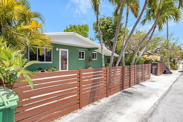 view of front facade featuring a fenced front yard and stucco siding