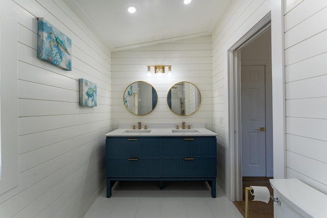 460 Barry Ave, Little Torch, FL 33042 - full bath featuring vaulted ceiling, double vanity, wooden walls, and recessed lighting
