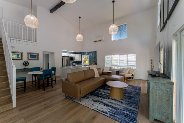 460 Barry Ave, Little Torch, FL 33042 - living room with high vaulted ceiling, stairs, a wall mounted air conditioner, light wood-style flooring, and beam ceiling