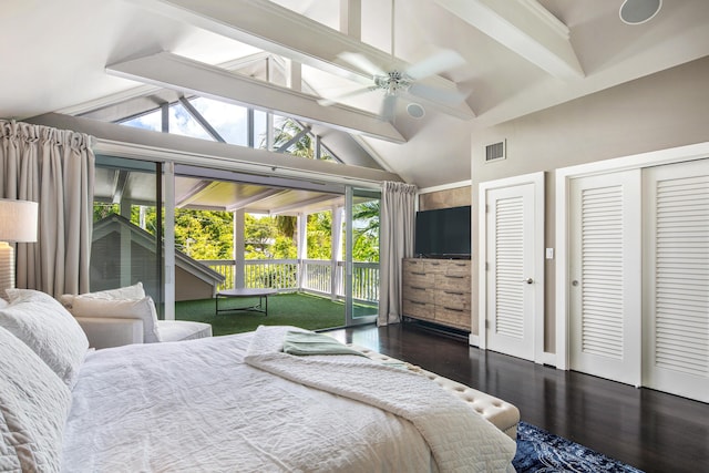 400 Aronovitz Ln, Key West, FL 33040 - bedroom featuring two closets, visible vents, access to exterior, and vaulted ceiling with beams