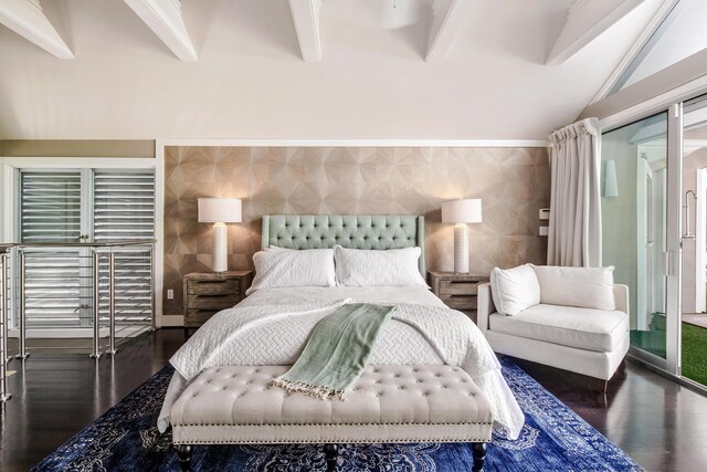 bedroom with vaulted ceiling with beams and dark wood-type flooring