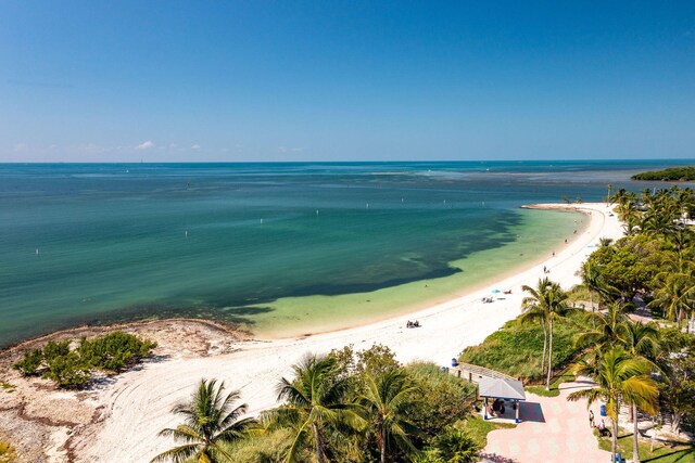 bird's eye view featuring a view of the beach and a water view