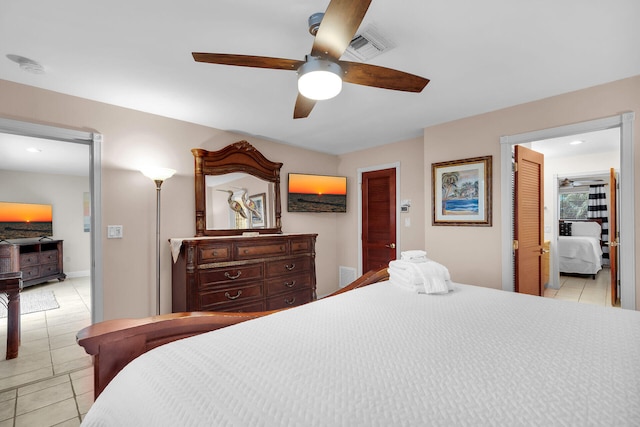 bedroom featuring ceiling fan and light tile patterned floors