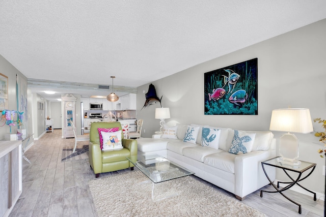 living room featuring a textured ceiling and light wood-type flooring