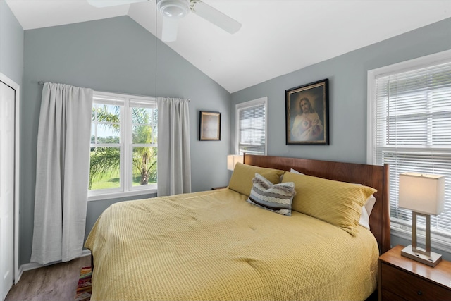 bedroom with lofted ceiling and ceiling fan