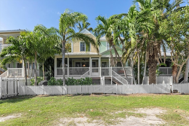 view of front of house with a fenced front yard and ceiling fan