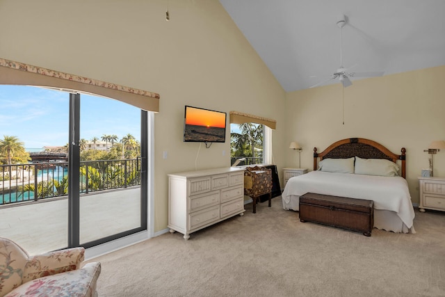 bedroom featuring high vaulted ceiling, access to outside, light colored carpet, and a ceiling fan