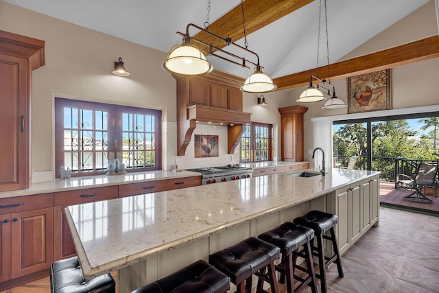 kitchen featuring tasteful backsplash, plenty of natural light, a sink, light stone countertops, and range