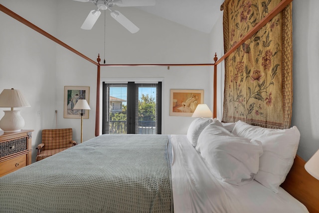 bedroom with access to exterior, high vaulted ceiling, a ceiling fan, and french doors