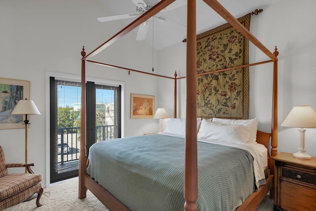 bedroom featuring ceiling fan, access to outside, and high vaulted ceiling