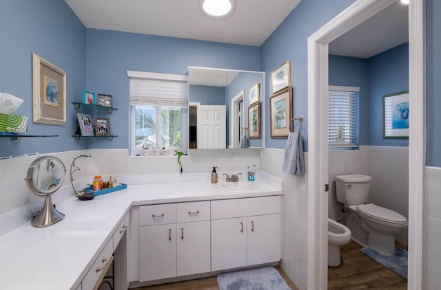 full bath with a wainscoted wall, a healthy amount of sunlight, tile walls, and vanity