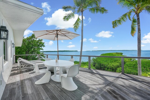 wooden terrace featuring a water view