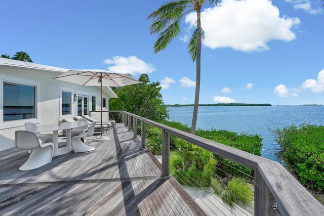 wooden terrace with french doors and a water view