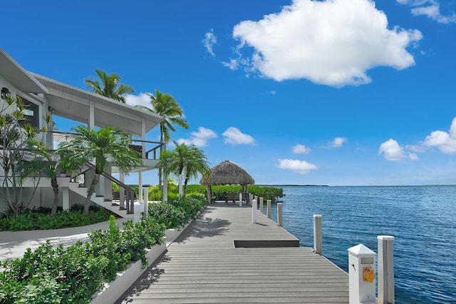 dock area featuring a water view and a gazebo