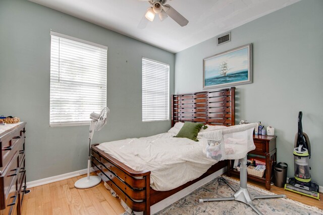 bedroom with ceiling fan and light wood-type flooring