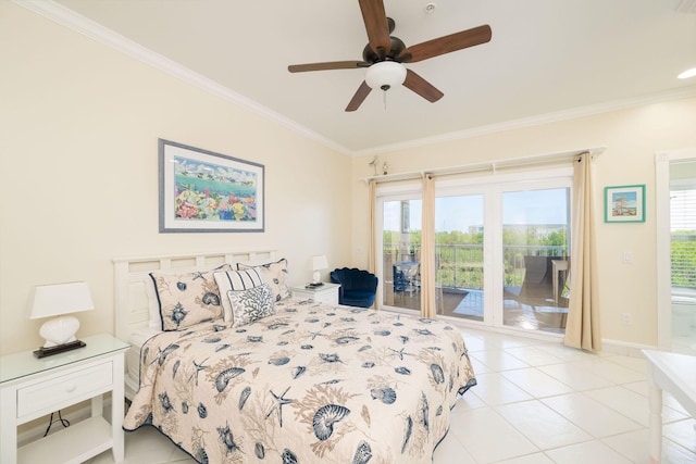 5960 Peninsular Ave Unit 101, Stock Island, FL 33040 - bedroom with access to exterior, ornamental molding, light tile patterned flooring, and ceiling fan