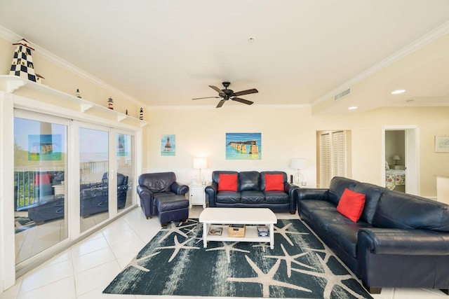 5960 Peninsular Ave Unit 101, Stock Island, FL 33040 - tiled living room featuring crown molding, ceiling fan, and recessed lighting