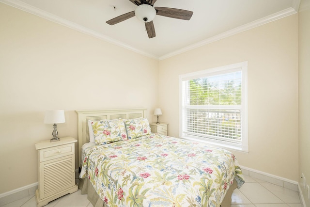 5960 Peninsular Ave Unit 101, Stock Island, FL 33040 - bedroom with baseboards, ornamental molding, light tile patterned flooring, and a ceiling fan