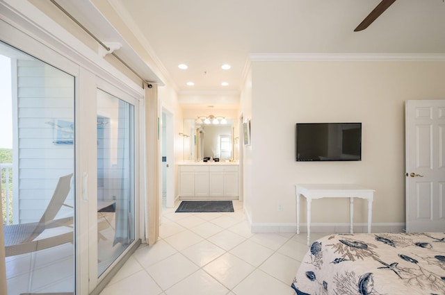 5960 Peninsular Ave Unit 101, Stock Island, FL 33040 - bedroom with ornamental molding, access to exterior, light tile patterned flooring, baseboards, and recessed lighting