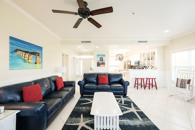 5960 Peninsular Ave Unit 101, Stock Island, FL 33040 - living room with ornamental molding, light tile patterned floors, a ceiling fan, and recessed lighting