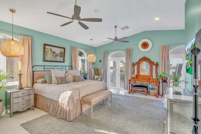 bedroom featuring vaulted ceiling, access to exterior, ceiling fan, and french doors