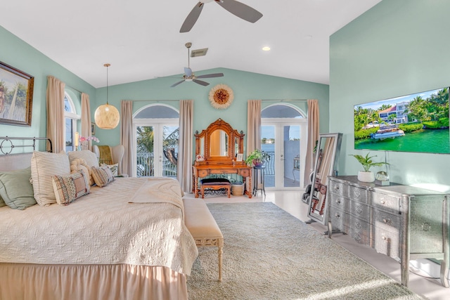 bedroom with french doors, access to exterior, and multiple windows