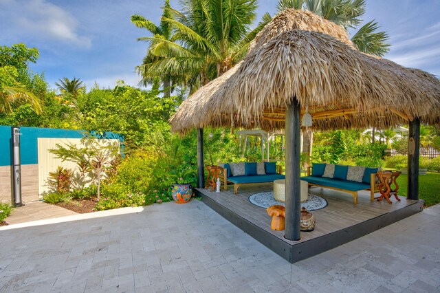 view of patio featuring a gazebo and outdoor lounge area