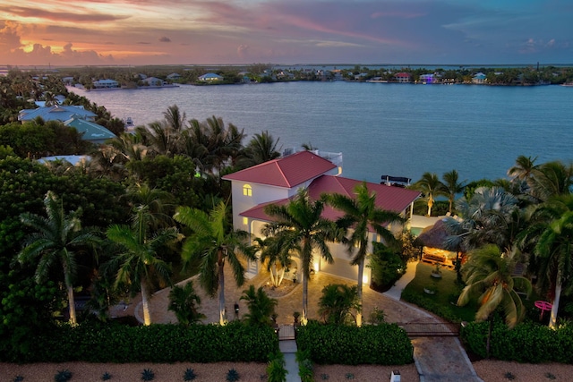 aerial view at dusk with a water view