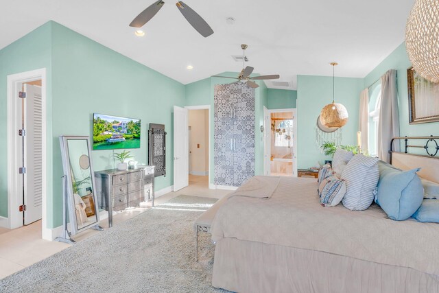 carpeted bedroom featuring ceiling fan and vaulted ceiling