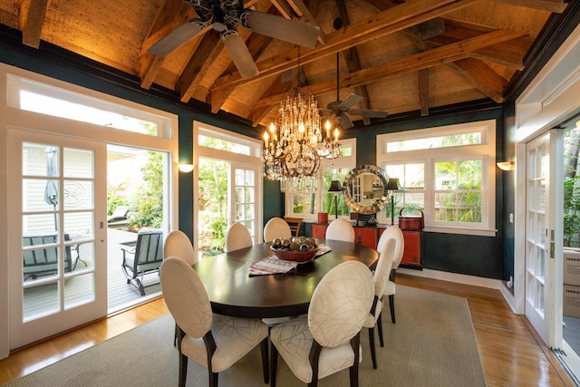 dining room with ceiling fan with notable chandelier, high vaulted ceiling, beamed ceiling, and wood finished floors