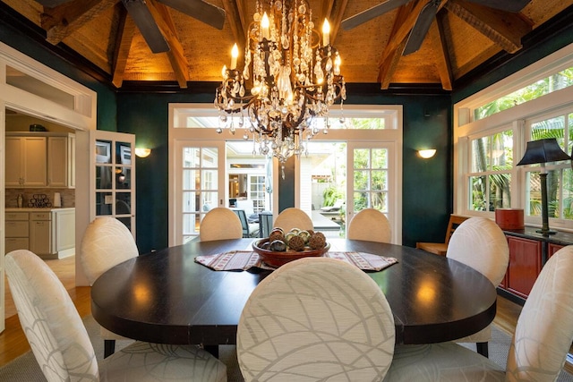 dining room with lofted ceiling with beams, wood ceiling, and wood finished floors