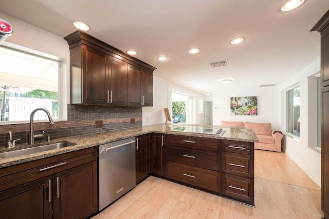 kitchen with electric cooktop, visible vents, decorative backsplash, a sink, and dishwasher