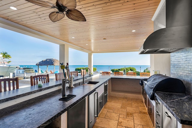 view of patio featuring a grill, a water view, sink, and ceiling fan