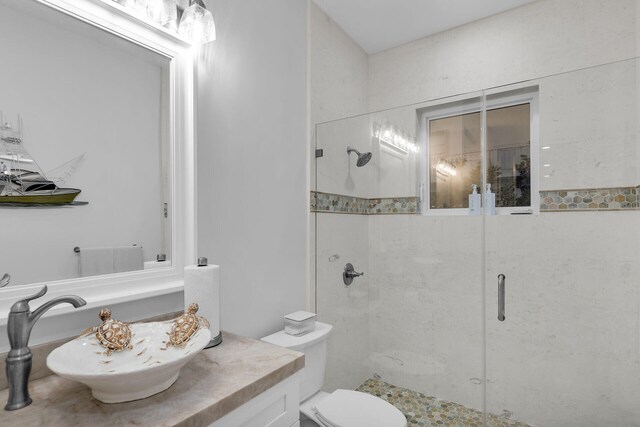 bathroom featuring vanity, a shower with door, and toilet