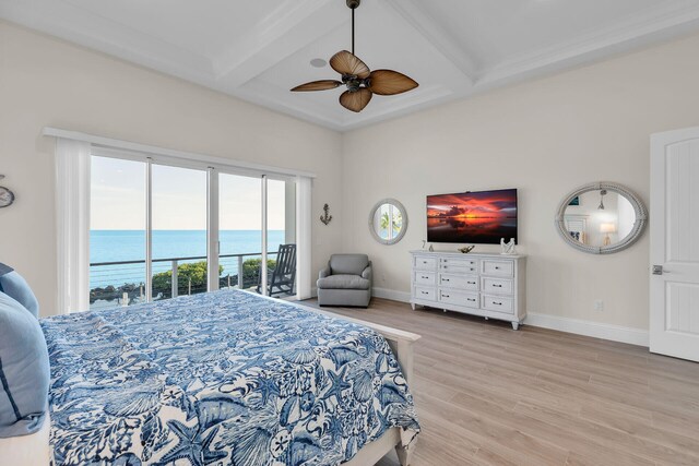 bedroom with light hardwood / wood-style flooring, ceiling fan, access to exterior, beam ceiling, and coffered ceiling