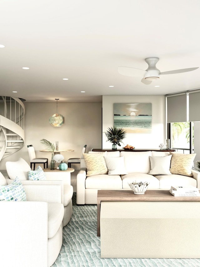 carpeted living room with a ceiling fan and recessed lighting