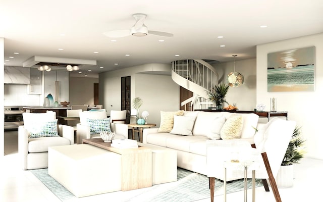 living room with recessed lighting, stairway, and ceiling fan