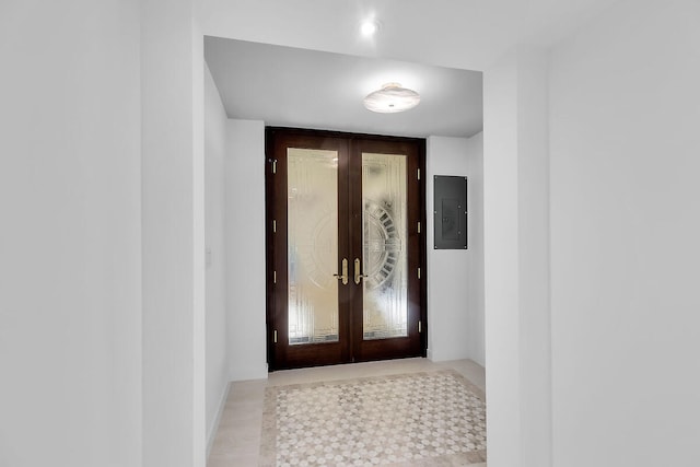 property entrance featuring french doors and electric panel