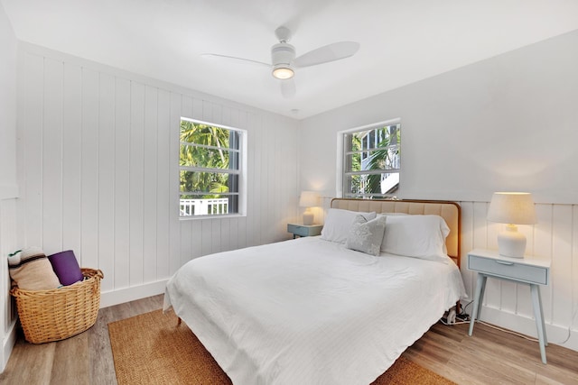 bedroom featuring ceiling fan and light wood-type flooring