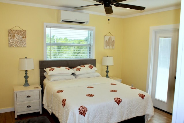bedroom featuring crown molding, an AC wall unit, and ceiling fan
