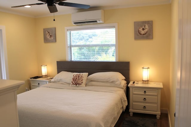 bedroom featuring crown molding, ceiling fan, and an AC wall unit