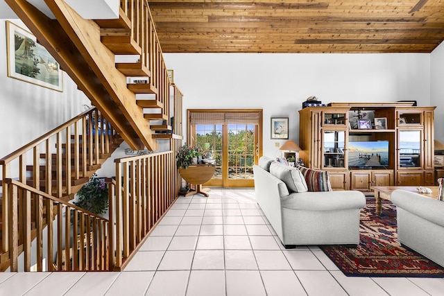 tiled living room featuring high vaulted ceiling and wooden ceiling