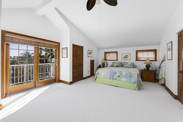 carpeted bedroom with ceiling fan, access to exterior, high vaulted ceiling, a closet, and beamed ceiling