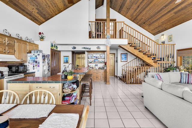 kitchen featuring light tile patterned floors, wood ceiling, white appliances, a kitchen bar, and tile countertops