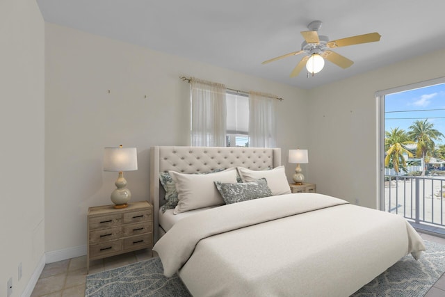 bedroom with baseboards, a ceiling fan, access to exterior, and light tile patterned floors