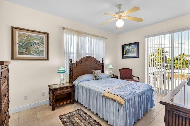 bedroom with access to exterior, ceiling fan, and light tile patterned flooring