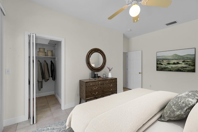 bedroom with visible vents, a ceiling fan, light tile patterned flooring, a closet, and baseboards