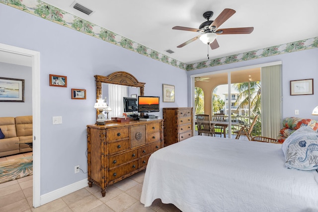 bedroom featuring light tile patterned floors, access to outside, and ceiling fan