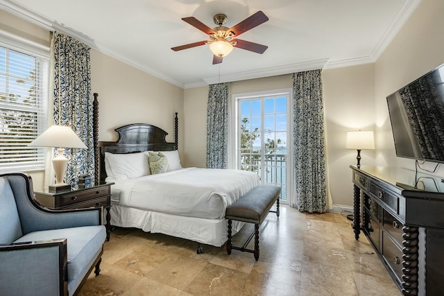 bedroom featuring baseboards, ornamental molding, multiple windows, and access to exterior