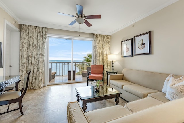 living room featuring a water view, a ceiling fan, and crown molding